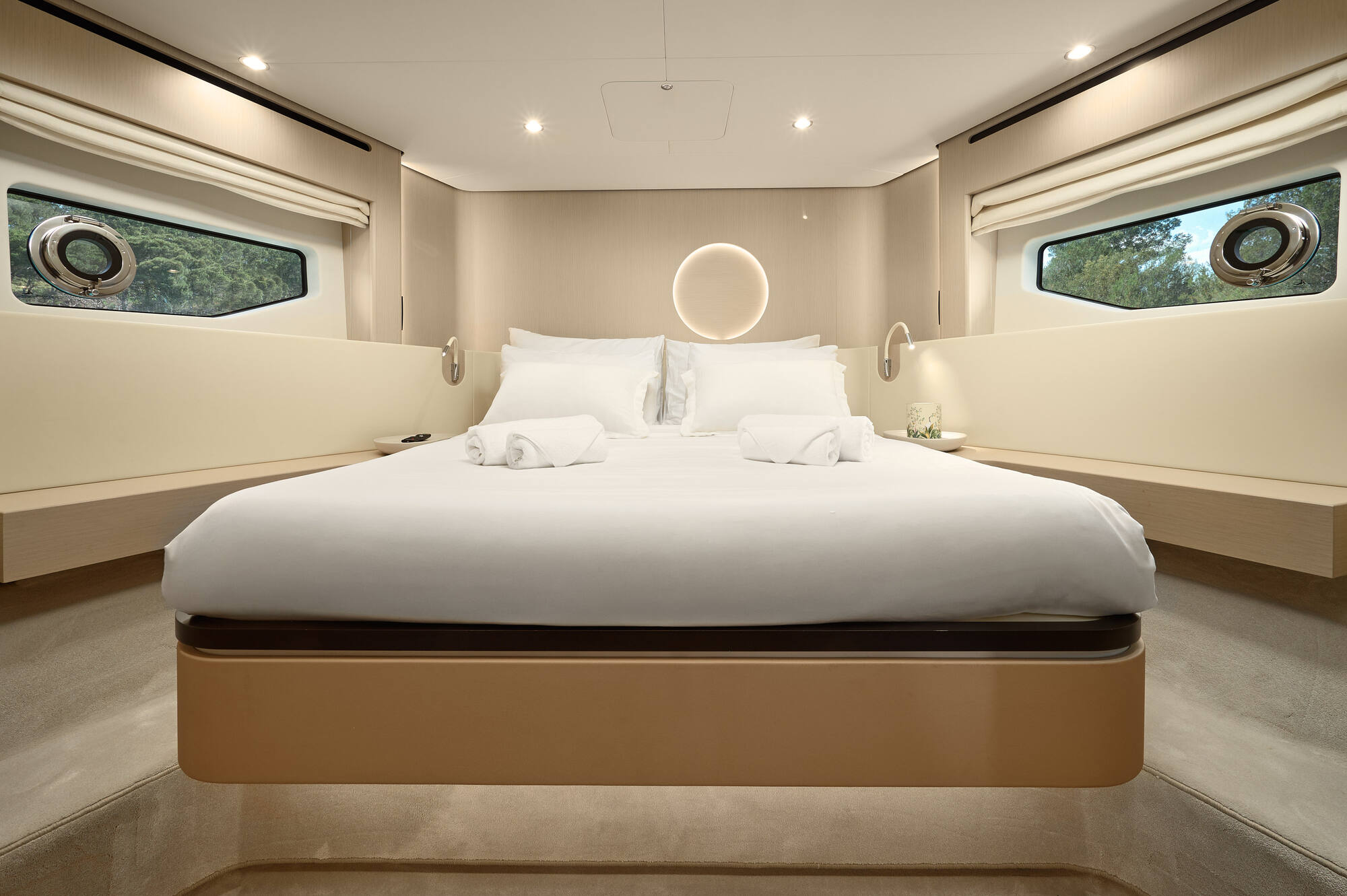 VIP cabin forward in the bow, a double bed between hull windows on both sides