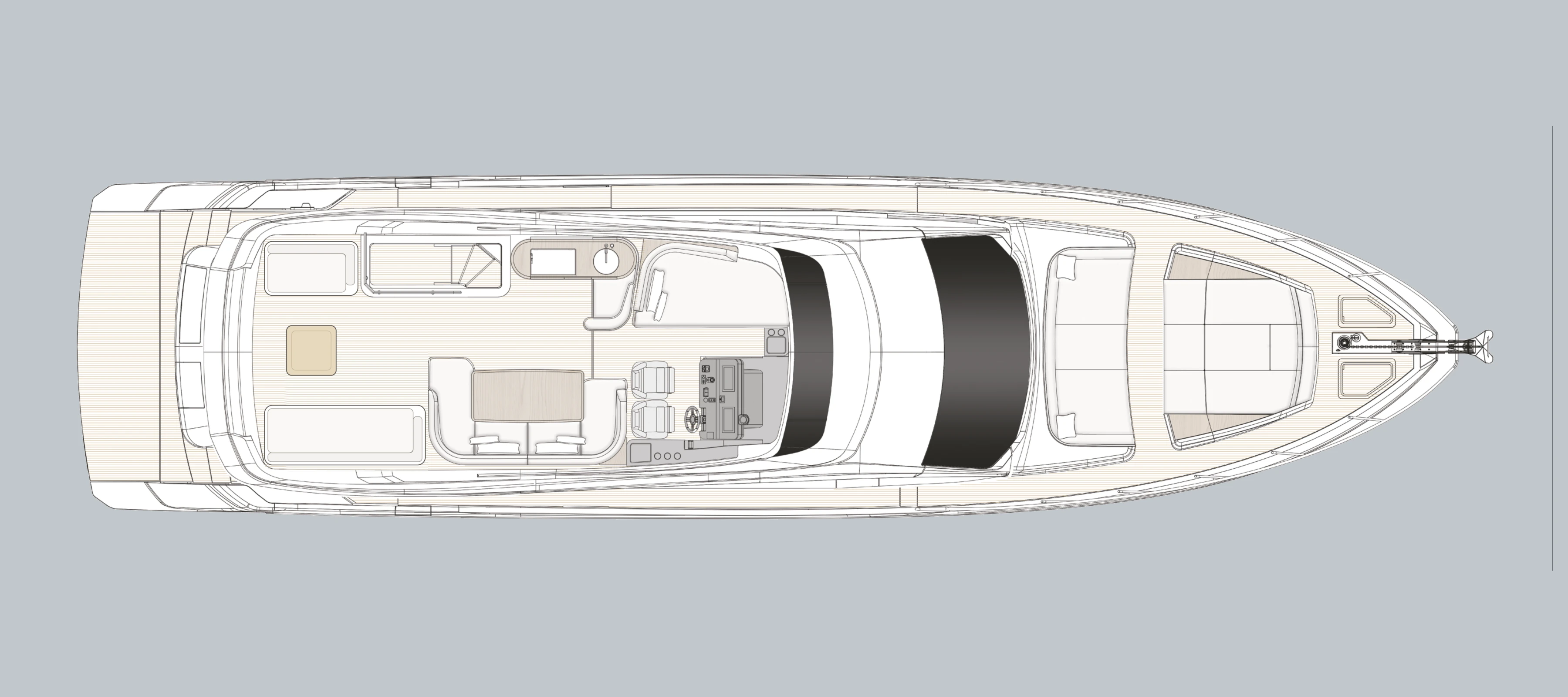 General arrangement drawing of Pangea's flybridge with the upper helm, lounge and the two aft sofas