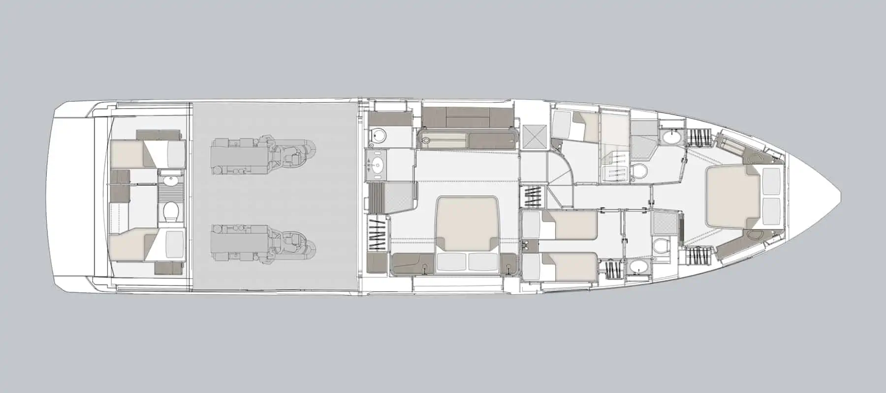 General arrangement drawing of Pangea's lower deck with four cabins and crew quarters